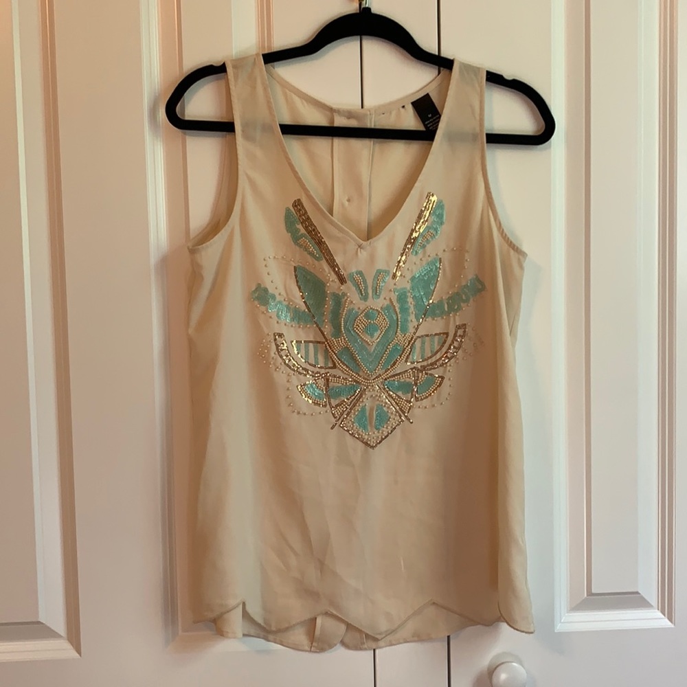 Cream top with gorgeous aqua beading from Buckle.